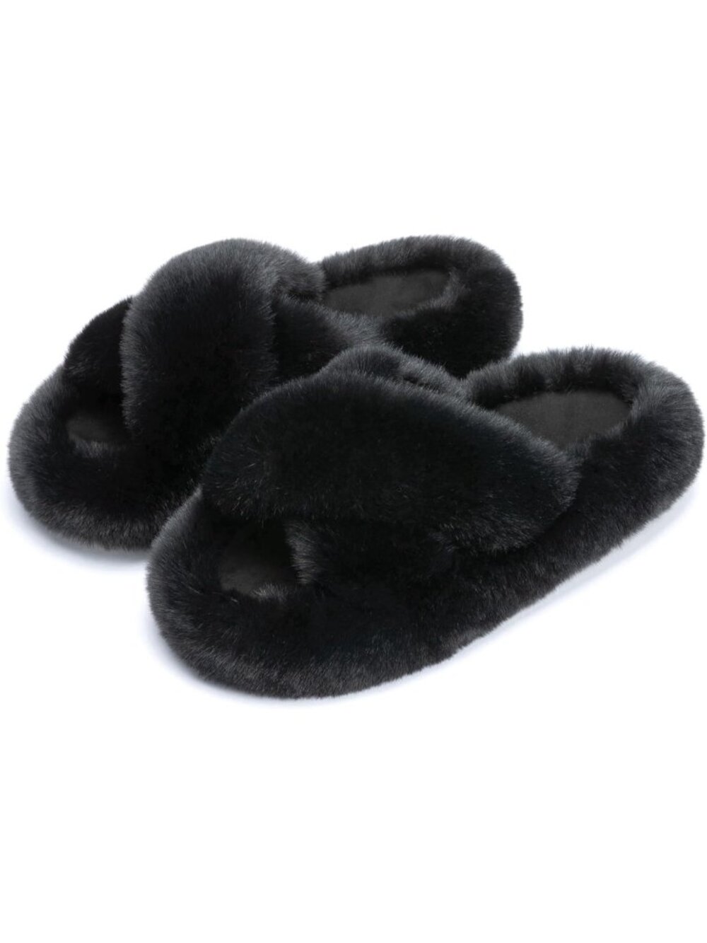 Women's Black Cross Memory Foam Soft Faux Fur Lined Open Toe Indoor Slippers